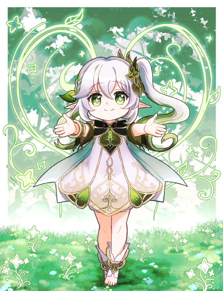 1girl bracelet dress female_child flower genshin_impact grass green_eyes hair_between_eyes highres jewelry looking_at_viewer multicolored_hair nahida_(genshin_impact) pointy_ears rii-ra side_ponytail sleeveless sleeveless_dress smile solo symbol-shaped_pupils toeless_footwear white_dress white_hair