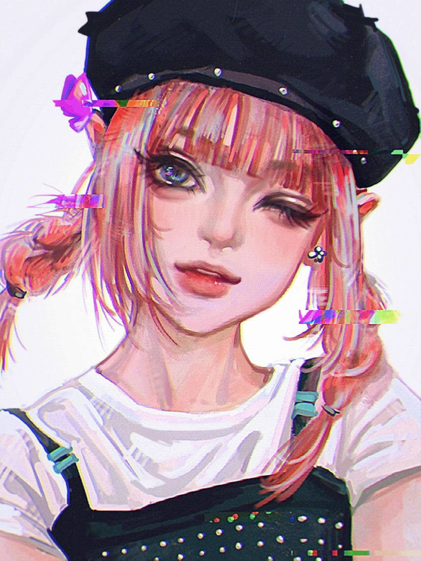 1girl beret black_camisole black_headwear blue_eyes braid camisole glitch hanni_(newjeans) hat head_tilt highres k-pop layered_clothes looking_at_viewer mantang_hua medium_hair newjeans one_eye_closed parted_lips pink_hair portrait procreate_(medium) real_life realistic shirt solo t-shirt twin_braids white_shirt