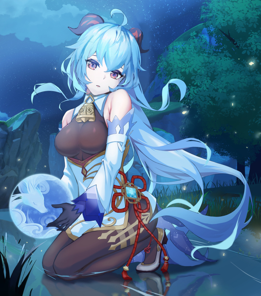 1girl adren ahoge bangs bare_shoulders bell black_gloves black_pantyhose blue_hair breasts chinese_knot detached_sleeves flower_knot ganyu_(genshin_impact) genshin_impact gloves gold_trim highres horns kneeling long_hair looking_at_viewer medium_breasts neck_bell night open_mouth orb outdoors pantyhose qilin_(mythology) reflection sidelocks sky solo star_(sky) starry_sky tassel thighlet thighs violet_eyes vision_(genshin_impact) white_sleeves