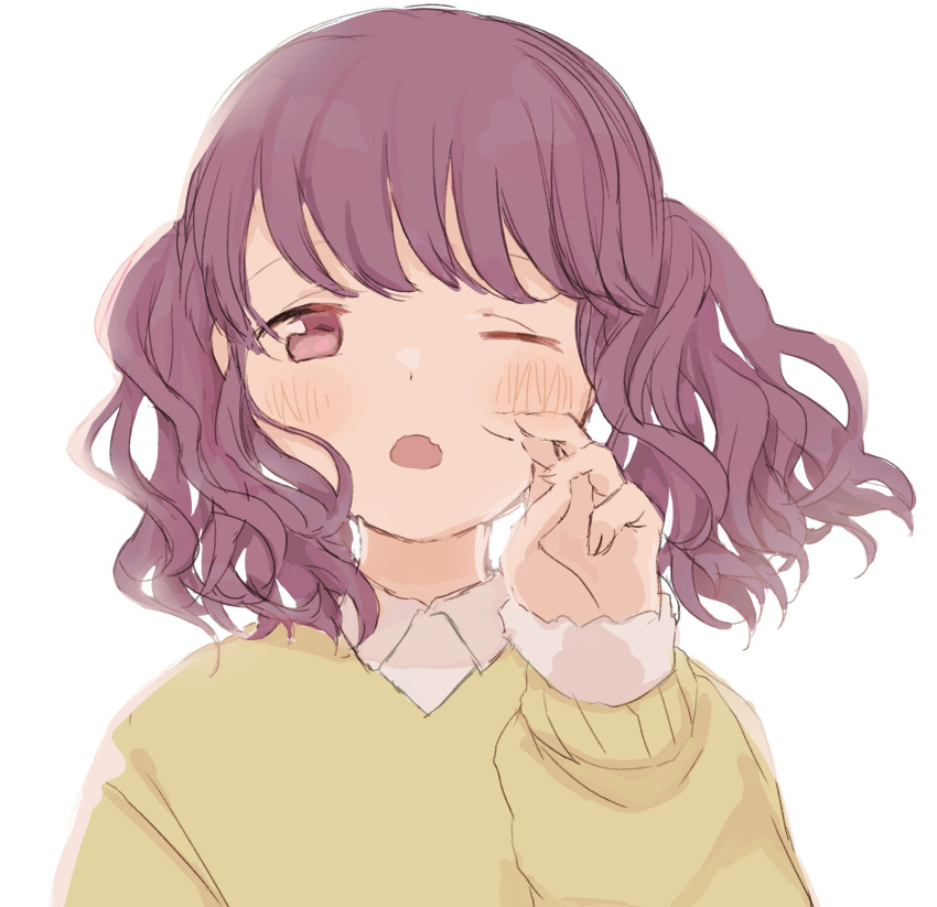 1girl bangs black_hair commentary_request fukumaru_koito highres idolmaster idolmaster_shiny_colors long_sleeves looking_at_viewer medium_hair one_eye_closed ory_001 solo sweater swept_bangs twintails upper_body violet_eyes white_background wind yellow_sweater