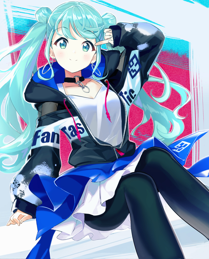 1girl bangs black_pantyhose blue_eyes blue_hair closed_mouth collarbone double_bun hair_bun hatsune_miku highres hood hooded_jacket jacket long_hair long_sleeves looking_at_viewer open_clothes open_jacket pantyhose project_sekai rassie_s shirt sitting skirt smile solo twintails vivid_bad_squad_(project_sekai)