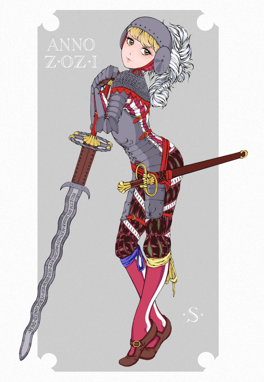 1girl absurdres armor ays_7 blonde_hair breastplate brown_eyes chainmail english_commentary full_body gauntlets grey_background hands_on_hilt highres knight landsknecht original planted planted_sword plume renaissance renaissance_clothes sheath sheathed solo standing sword tiptoes two-tone_background weapon white_background