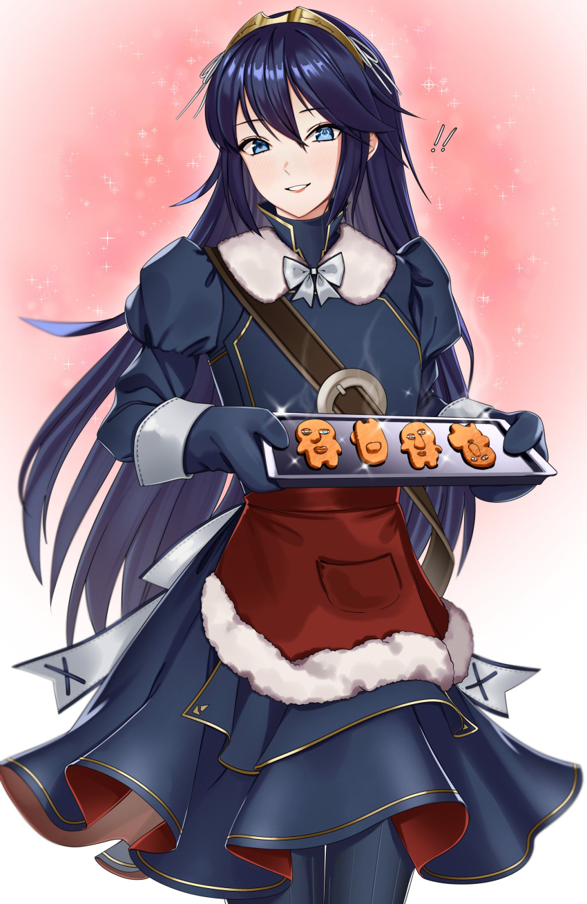 ! !! 1girl absurdres adapted_costume among_us apron baking_sheet belt blue_dress blue_eyes blue_gloves blue_hair blue_pantyhose blush bow bowtie brown_belt cookie crewmate_(among_us) dress english_commentary feet_out_of_frame fire_emblem fire_emblem_awakening flat_chest food fur_collar fur_trim gloves gold_trim gradient gradient_background grey_bow grey_bowtie grey_ribbon highres holding juliet_sleeves long_hair long_sleeves looking_at_viewer lucina_(fire_emblem) mari48240422 oven_mitts pantyhose pink_background puffy_sleeves red_apron shiny shiny_clothes shiny_hair smile solo sparkle standing symbol-shaped_pupils tiara waist_apron
