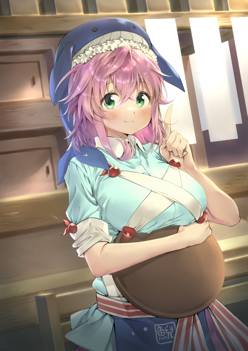 1girl absurdres ajoe_(hakuha_k) animal_hat apron bangs blue_apron blue_headwear blush breasts closed_mouth collared_shirt cowboy_shot cross-laced_clothes green_eyes hair_between_eyes hand_up hat highres holding holding_tray large_breasts looking_at_viewer okunoda_miyoi pink_hair pointing shirt short_hair short_sleeves smile solo touhou tray waist_apron whale_hat