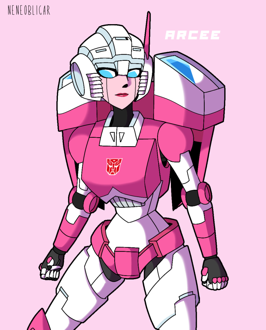 1girl arcee autobot blue_eyes breasts curvy highres humanoid_robot medium_breasts narrow_waist neneobligar panties pink_background pink_lips pink_panties robot simple_background solo thighs transformers underwear