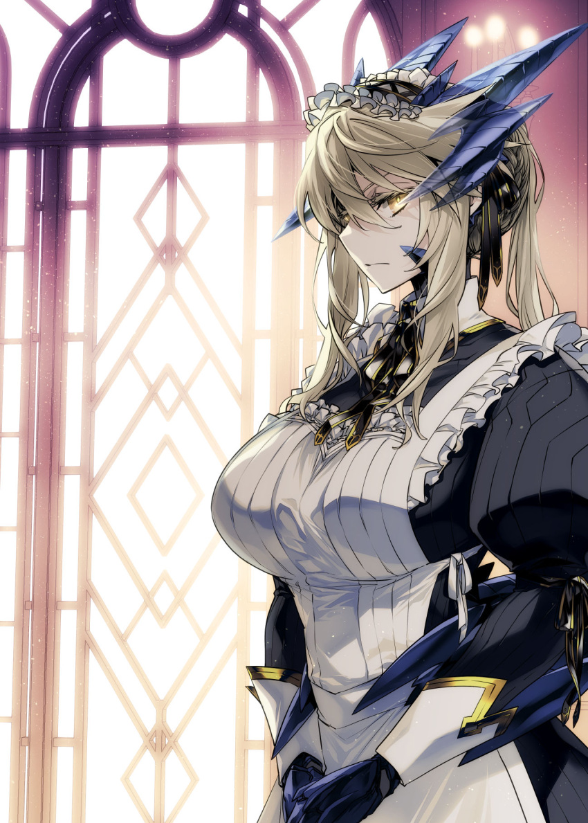 1girl alternate_costume apron artoria_pendragon_(fate) artoria_pendragon_(lancer_alter)_(fate) black_dress blonde_hair braid breasts dark_persona dress enmaided fate/grand_order fate_(series) french_braid frilled_apron frills highres ishida_akira juliet_sleeves large_breasts long_sleeves looking_at_viewer maid maid_headdress puffy_short_sleeves puffy_sleeves short_sleeves solo upper_body white_apron yellow_eyes