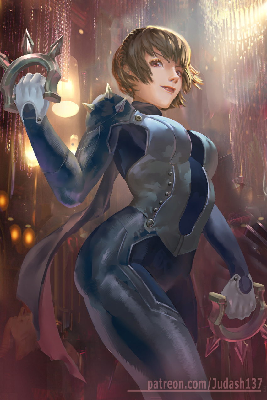 1girl black_bodysuit bodysuit braid breasts brown_hair closed_mouth crown_braid gloves holding holding_weapon judash137 looking_at_viewer medium_breasts muscular muscular_female niijima_makoto persona persona_5 red_eyes scarf shiny shiny_hair short_hair shoulder_spikes smile solo spikes standing thick_thighs thighs toned weapon white_gloves