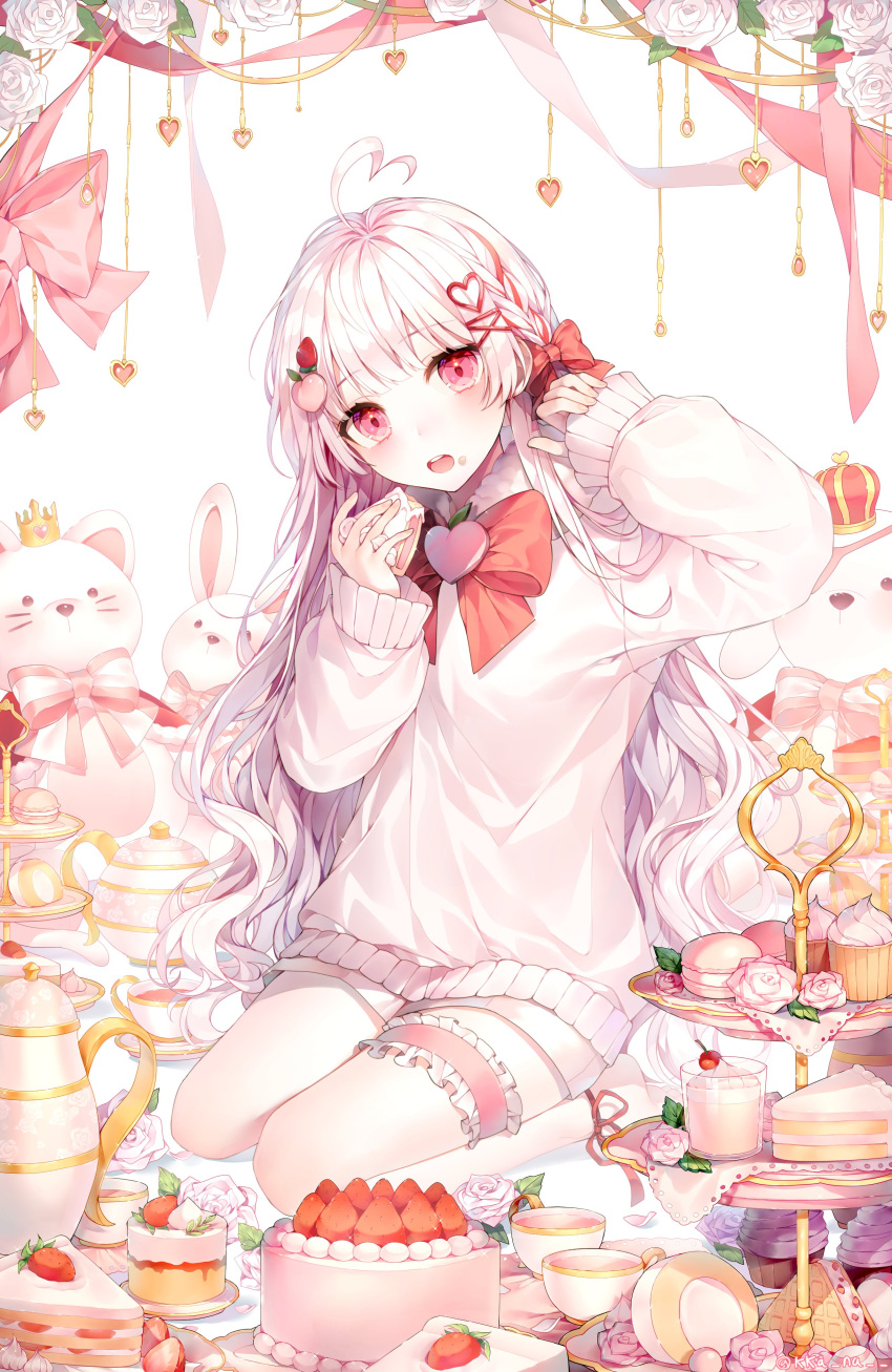 1girl absurdres braid cake cake_slice crown cup cupcake eating food ha_youn hair_ornament hairpin highres holding holding_food long_sleeves looking_at_viewer macaron open_mouth original pink_eyes rabbit shorts sitting solo strawberry_shortcake stuffed_animal stuffed_toy sweater teacup teapot thigh_strap white_hair