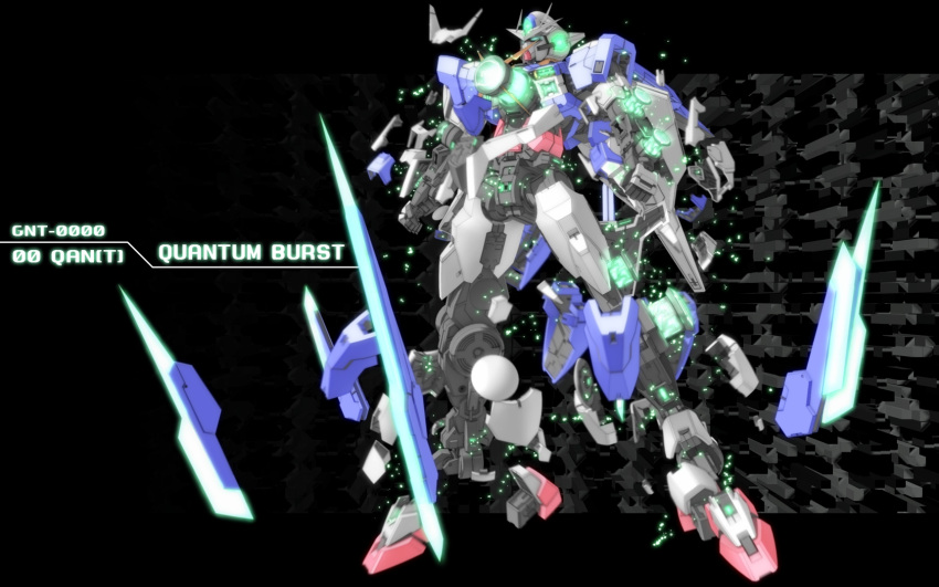 00_qan[t] 3d armor_removed bit_(gundam) blade character_name commentary english_text funnels_(gundam) glowing glowing_eyes gn_drive green_eyes gundam gundam_00 gundam_00_a_wakening_of_the_trailblazer highres mecha mobile_suit no_humans removing_armor robot science_fiction solo v-fin zefai