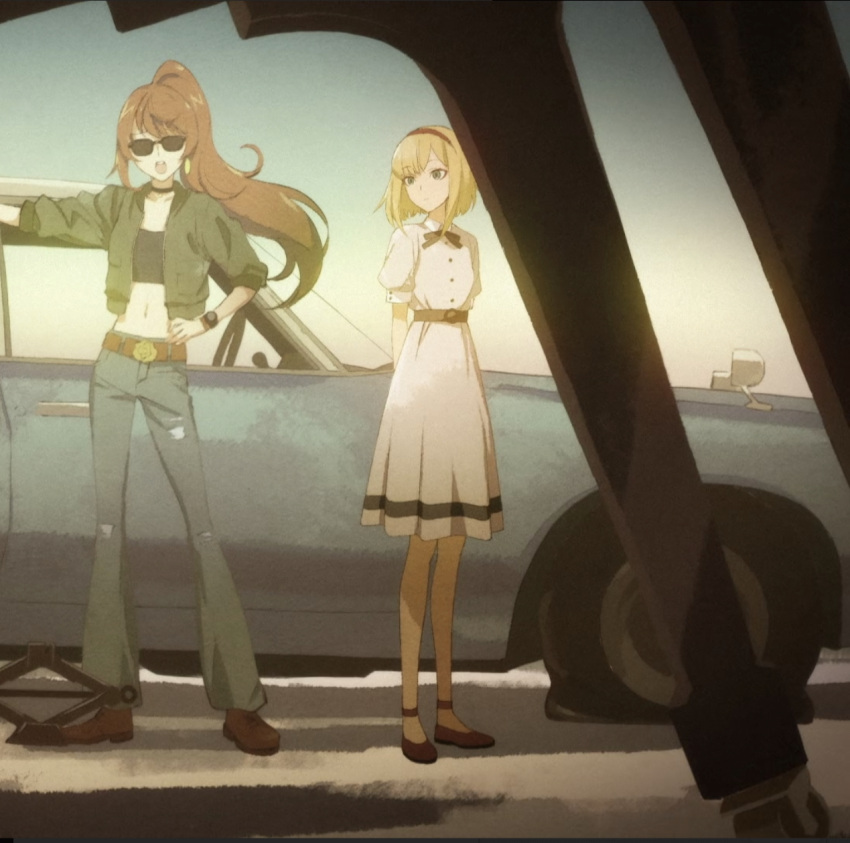 2girls anna_schneider brown_belt car choker flat_tire glasses green_jacket ground_vehicle motor_vehicle orange_hair ponytail stomach sunglasses takt_op._destiny