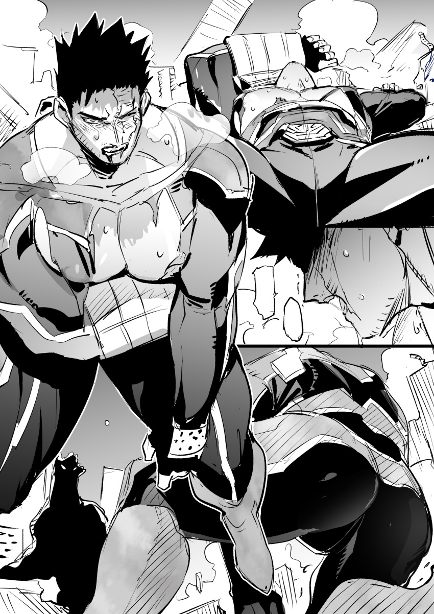 1boy absurdres ass bodysuit boku_no_hero_academia endeavor_(boku_no_hero_academia) feet_out_of_frame greyscale highres koooogasya large_pectorals long_sleeves male_focus mature_male monochrome muscular muscular_male one_eye_closed pectorals scar scar_across_eye short_hair solo spiky_hair standing torn_clothes