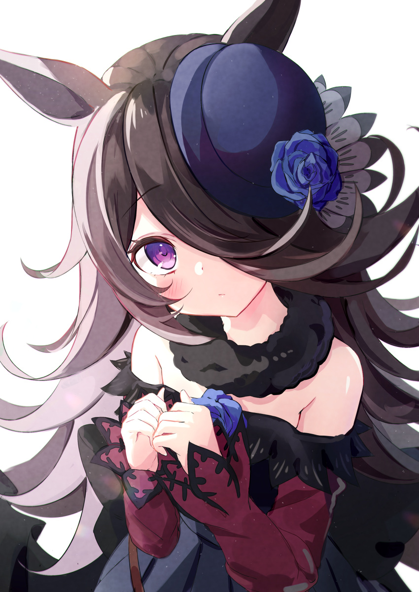 1girl absurdres animal_ears black_hair blue_dress blue_flower blue_headwear blue_rose blush bow dress dress_bow flower fur_collar hair_over_one_eye hat hat_flower highres horse_ears horse_girl long_hair looking_at_viewer mikami_hotaka off-shoulder_dress off_shoulder rice_shower_(umamusume) rose simple_background thigh-highs tilted_headwear umamusume violet_eyes white_background