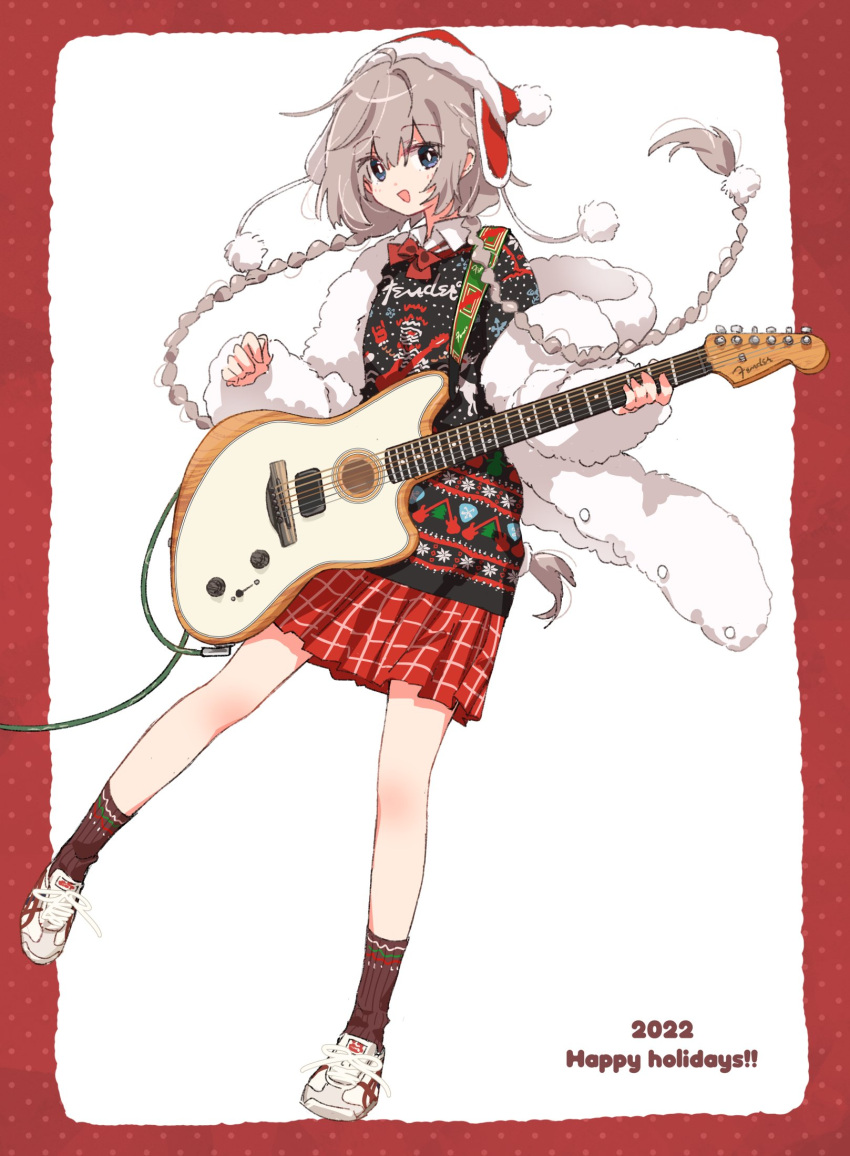 1girl 2022 bangs black_sweater blue_eyes bow braid bright_pupils christmas christmas_sweater coat collared_shirt commentary dress electric_guitar full_body fur_coat grey_hair guitar happy_holidays hat highres holding holding_instrument hooded_coat instrument long_hair looking_at_viewer low_twin_braids low_twintails matsuda_hikari miniskirt off_shoulder open_clothes open_coat open_mouth original plaid plaid_dress plaid_skirt pleated_skirt red_bow red_headwear red_skirt red_socks santa_hat shirt shoes skirt smile sneakers socks solo standing standing_on_one_leg sweater twin_braids twintails white_coat white_footwear white_pupils wing_collar