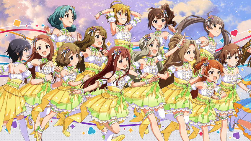 brown_eyes brown_hair dress grey_hair handa_roko idolmaster_million_live!_theater_days long_hair red_eyes smile tanaka_kotoha