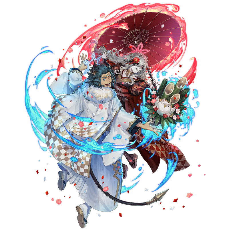 1boy 1girl animal_ears askr_(fire_emblem) bat_ears cow_ears cow_horns dark-skinned_male dark_skin embla_(fire_emblem) fire_emblem fire_emblem_heroes halo horns japanese_clothes kimono long_hair official_art pale_skin white_background white_hair