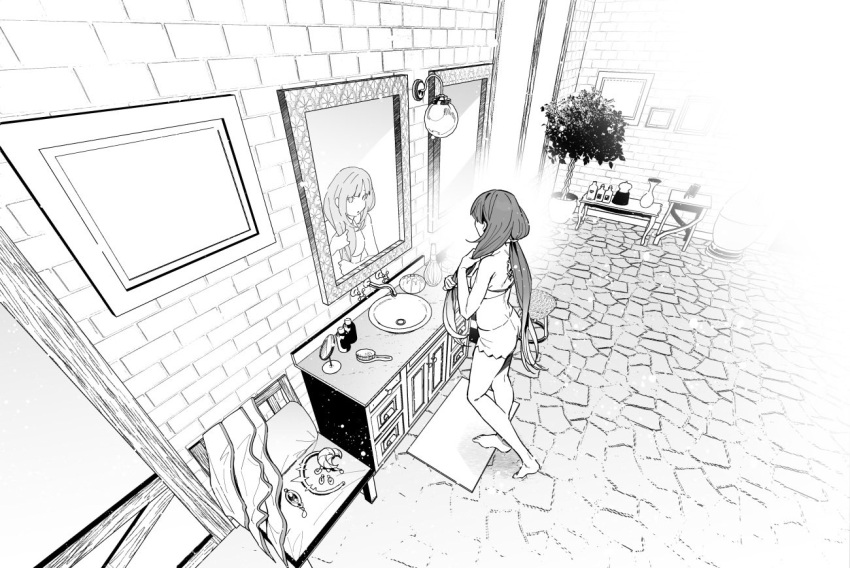 1girl back_tattoo bare_arms bare_legs bare_shoulders barefoot basin bra faucet full_body genshin_impact greyscale hair_brush hairdressing hidakarumen lamp looking_ahead looking_at_object mirror monochrome nilou_(genshin_impact) reflection solo stone_floor stone_wall table tattoo twintails underwear underwear_only vanity_table wall