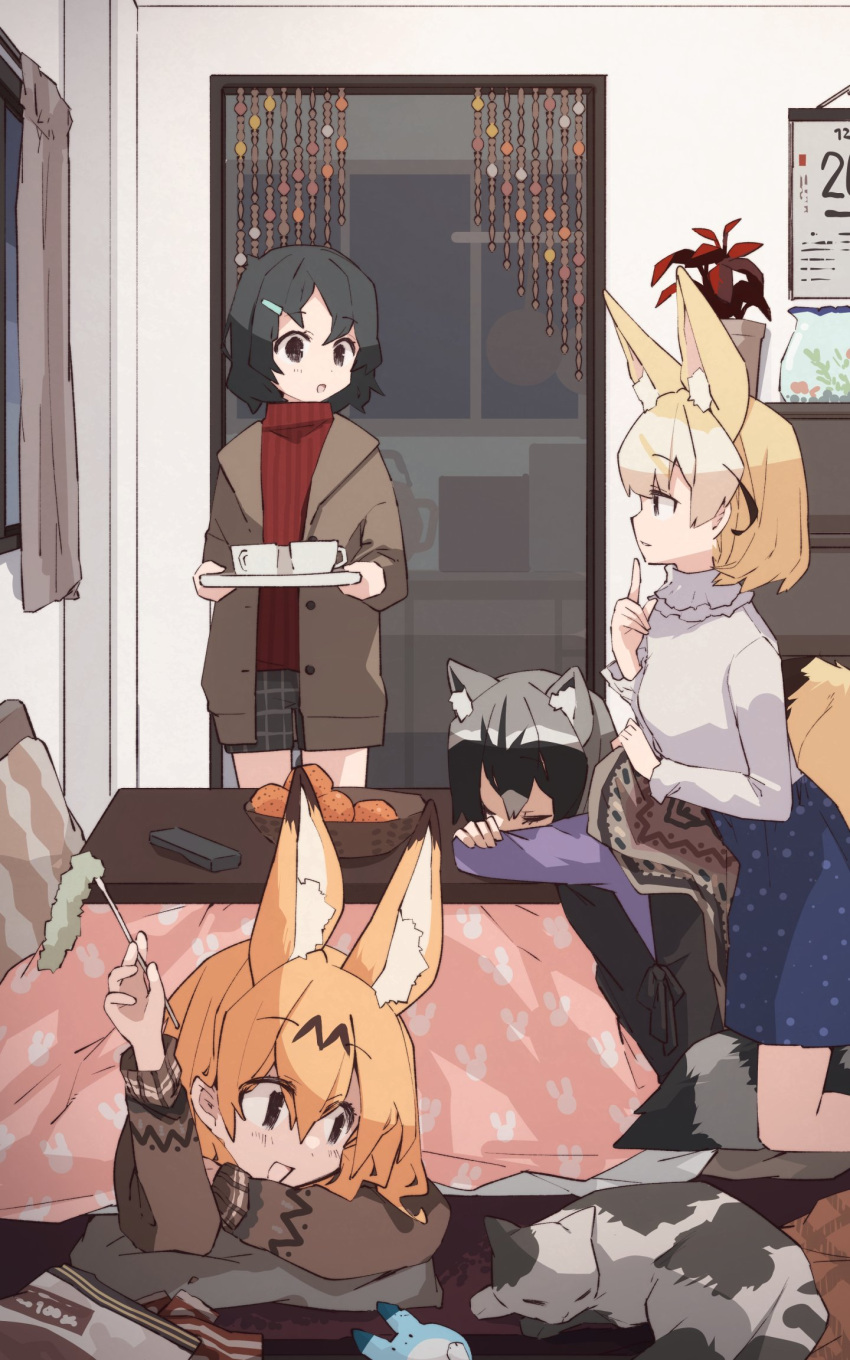 4girls alternate_costume animal_ears black_hair blonde_hair blue_skirt brown_sweater casual cat cat_ears cat_girl commentary_request common_raccoon_(kemono_friends) extra_ears fennec_(kemono_friends) fox_ears fox_girl fox_tail grey_hair grey_jacket grey_shirt grey_shorts hair_ornament hairclip highres jacket kaban_(kemono_friends) kemono_friends kotatsu long_sleeves multicolored_hair multiple_girls nanana_(nanana_iz) plaid plaid_shorts raccoon_ears raccoon_girl raccoon_tail red_sweater serval_(kemono_friends) shirt short_hair shorts skirt sweater table tail turtleneck turtleneck_sweater under_kotatsu under_table