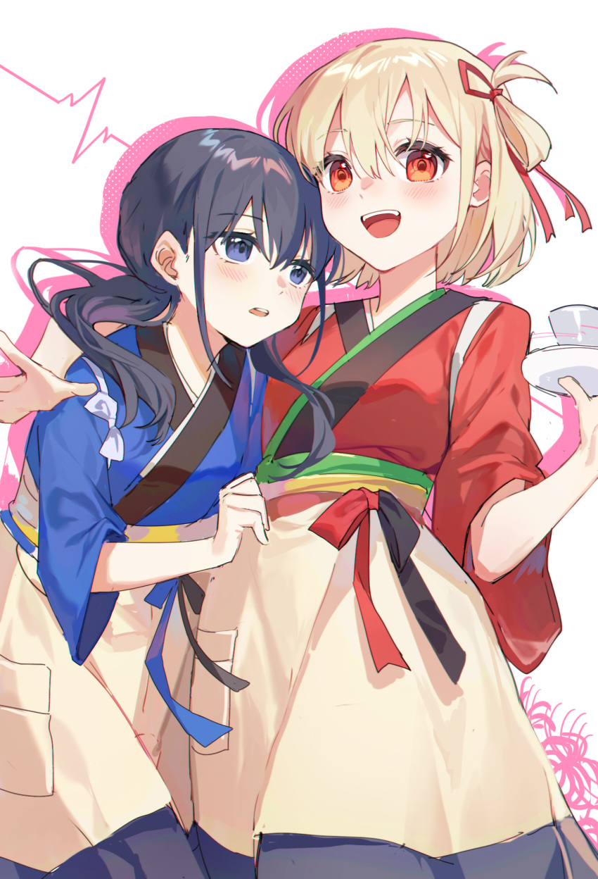 2girls bangs black_hair blonde_hair blue_eyes blue_kimono bow breasts eyelashes fringe_trim grey_bow hair_between_eyes hair_ribbon hand_on_another's_shoulder high-waist_skirt highres holding holding_clothes holding_skirt holding_tray hug inoue_takina japanese_clothes kimono long_hair long_sleeves looking_at_another looking_at_viewer low_twintails lycoris_recoil medium_hair multiple_girls nishikigi_chisato one_side_up open_mouth red_eyes red_kimono red_ribbon ribbon shadow sidelocks simple_background skirt small_breasts smile standing teeth tray twintails upper_teeth_only white_background wide_sleeves yellow_skirt yunweishukuang