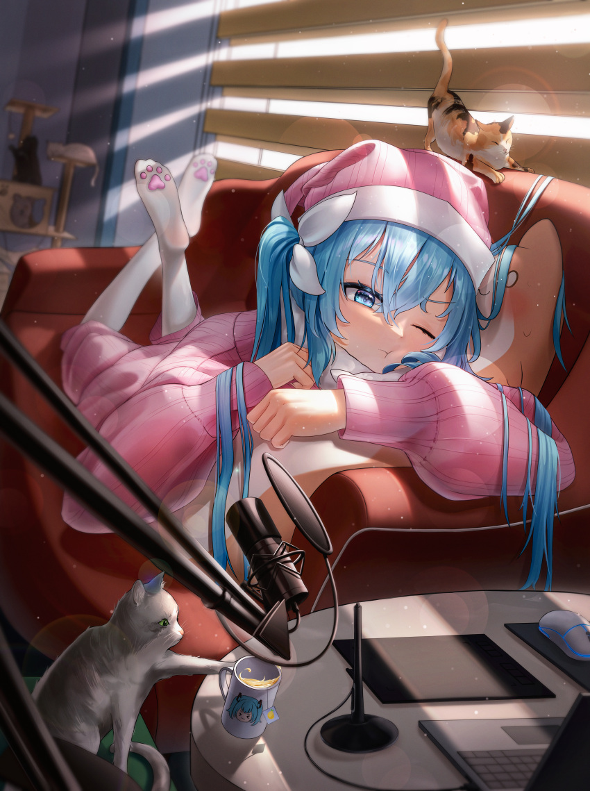 1girl ;t absurdres alternate_costume animal animal_hands bangs blinds blue_eyes blue_hair blurry boom_microphone cat cat_paws cat_pillow coffee_mug commentary_request computer couch crossed_ankles crossed_bangs cup dappled_sunlight day depth_of_field full_body hair_between_eyes hair_ribbon hat hatsune_miku highres indoors laptop lens_flare long_sleeves looking_at_viewer lying microphone mouse_(computer) mug multiple_cats no_shoes object_hug on_couch on_stomach one_eye_closed pajamas pantyhose pillow pillow_hug pink_headwear pink_sweater pout puffy_long_sleeves puffy_sleeves ribbon sleeves_past_wrists solo stylus sunlight sweater tablet_pc tiokun7 twintails vocaloid waking_up white_pantyhose white_ribbon winter_clothes