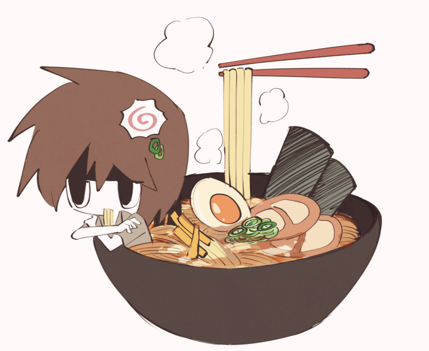 1other androgynous atoymk black_eyes brown_hair chopsticks collared_shirt crossed_arms eating egg food grey_background grey_shirt highres in_bowl in_container kamaboko kurohebi len'en narutomaki noodles other_focus ramen shirt short_sleeves simple_background solo steam