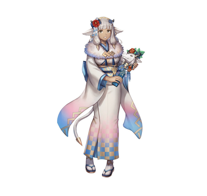 1girl animal_ears ash_(fire_emblem) bangs cow_ears cow_horns dark-skinned_female dark_skin fire_emblem fire_emblem_heroes fur-trimmed_kimono fur_trim hair_tie horns japanese_clothes kimono long_hair official_art white_background white_hair