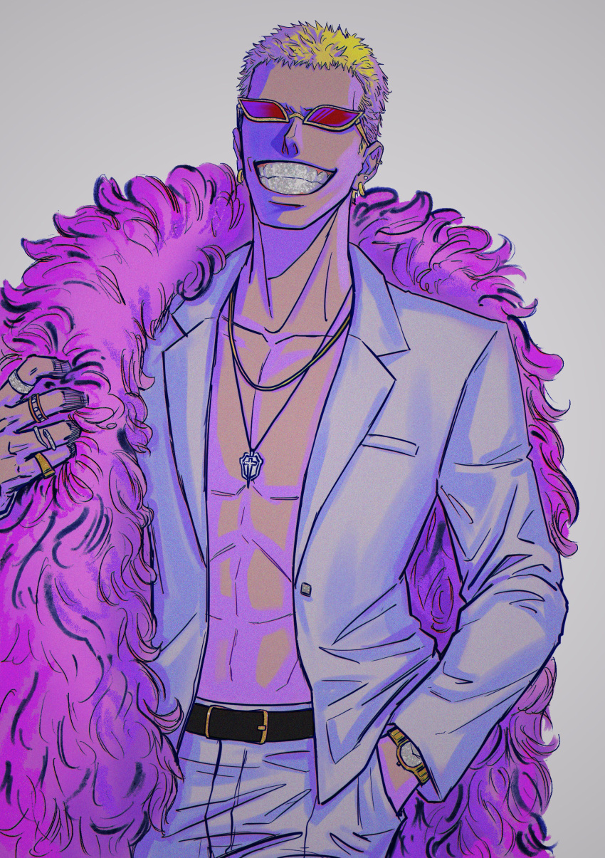 1boy absurdres blonde_hair coat darth_niyard donquixote_doflamingo earrings feather_coat grey_background grin hand_in_pocket highres jewelry male_focus multiple_rings necklace one_piece open_clothes open_shirt pink_coat ring shirt short_hair smile solo_focus sunglasses upper_body watch watch white_shirt