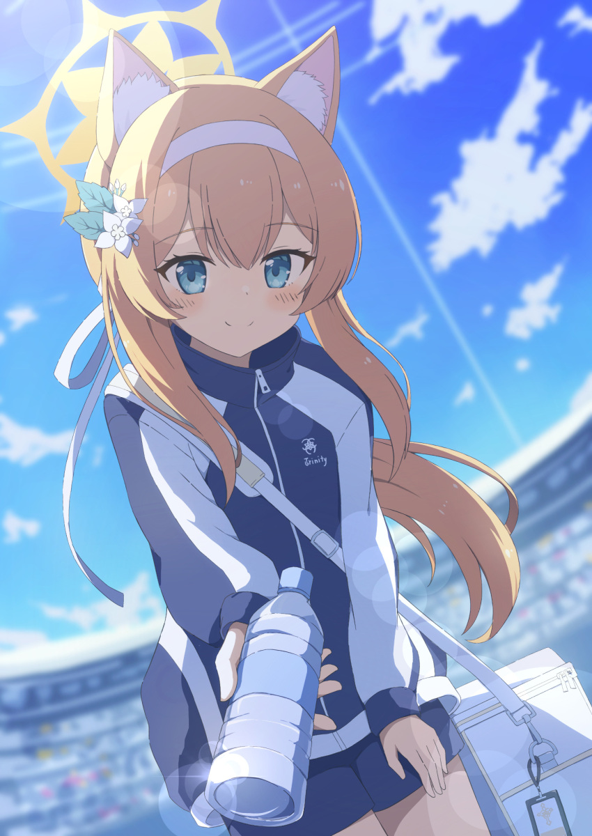 1girl animal_ear_fluff animal_ears bag blonde_hair blue_archive blurry blurry_background blush bottle day flower gym_uniform hair_flower hair_ornament hair_ribbon hairband halo highres holding holding_bottle jacket leaning_forward long_hair long_sleeves looking_at_viewer mari_(blue_archive) mari_(gym_uniform)_(blue_archive) official_alternate_costume outdoors ponytail ribbon shorts shoulder_bag sky smile solo stadium sunlight track_jacket tyakomis very_long_hair water_bottle