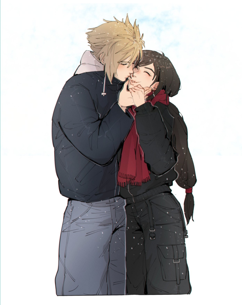 1boy 1girl bangs black_hair black_pants blonde_hair casual closed_eyes cloud_strife coat commentary couple cowboy_shot cropped_legs earrings final_fantasy final_fantasy_vii final_fantasy_vii_remake grey_pants hand_on_another's_face hand_on_another's_hand height_difference highres jewelry kiss lips long_hair low-tied_long_hair pants parted_lips perlmuttt red_scarf scarf single_earring snowing spiky_hair swept_bangs symbol-only_commentary tifa_lockhart winter_clothes winter_coat