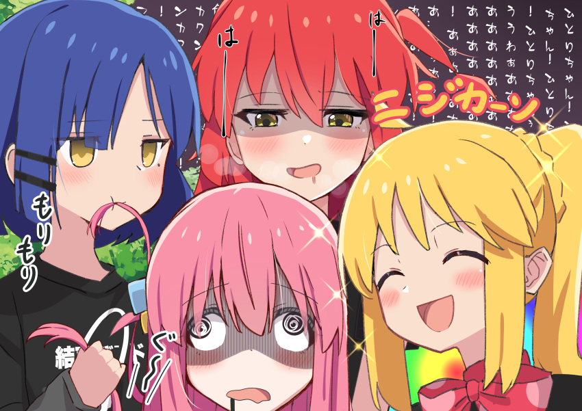 4girls :d :t ^_^ absurdres ao_(flowerclasse) background_text bangs black_shirt blonde_hair blue_hair blush bocchi_the_rock! bow closed_eyes closed_mouth commentary_request eating_hair gotou_hitori hair_between_eyes hair_ornament hairclip highres ijichi_nijika kita_ikuyo long_hair long_sleeves mole mole_under_eye multiple_girls one_side_up pink_hair red_bow redhead shirt side_ponytail smile sparkle translation_request turn_pale wavy_mouth yamada_ryou yellow_eyes