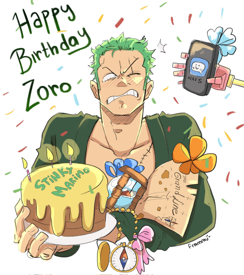 artist_name birthday_cake blush cake cellphone character_name compass confetti english_text food frammu gift green_hair green_shirt happy_birthday highres holding log_pose map one_eye_closed one_piece open_clothes phone pink_ribbon ribbon roronoa_zoro scar scar_on_chest scar_on_face shirt short_hair smartphone v-shaped_eyebrows