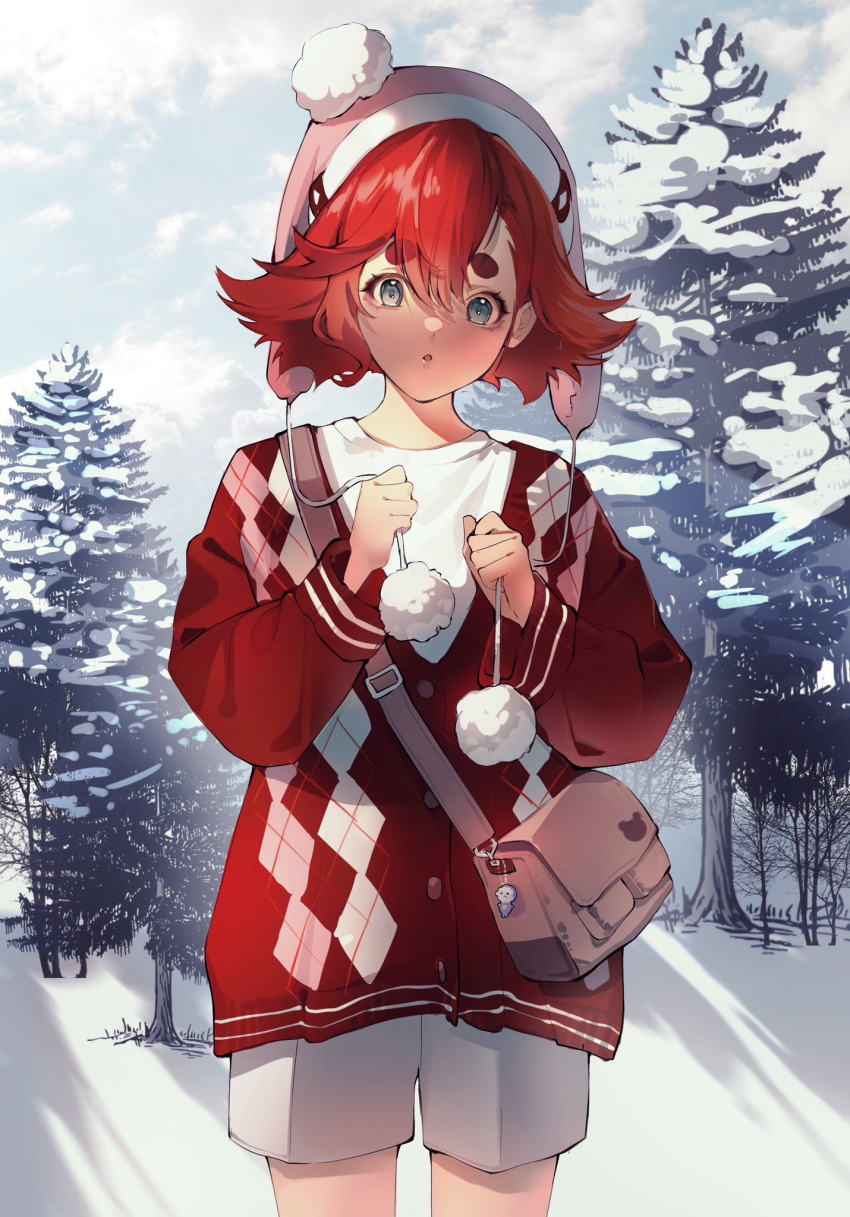 1girl :o bangs blue_eyes brown_bag clouds cowboy_shot gundam gundam_suisei_no_majo hair_between_eyes hat highres laun_000 looking_at_viewer open_mouth outdoors pink_headwear red_sweater_vest redhead shirt short_hair shorts sky snow solo suletta_mercury sweater_vest thick_eyebrows tree white_shirt white_shorts winter