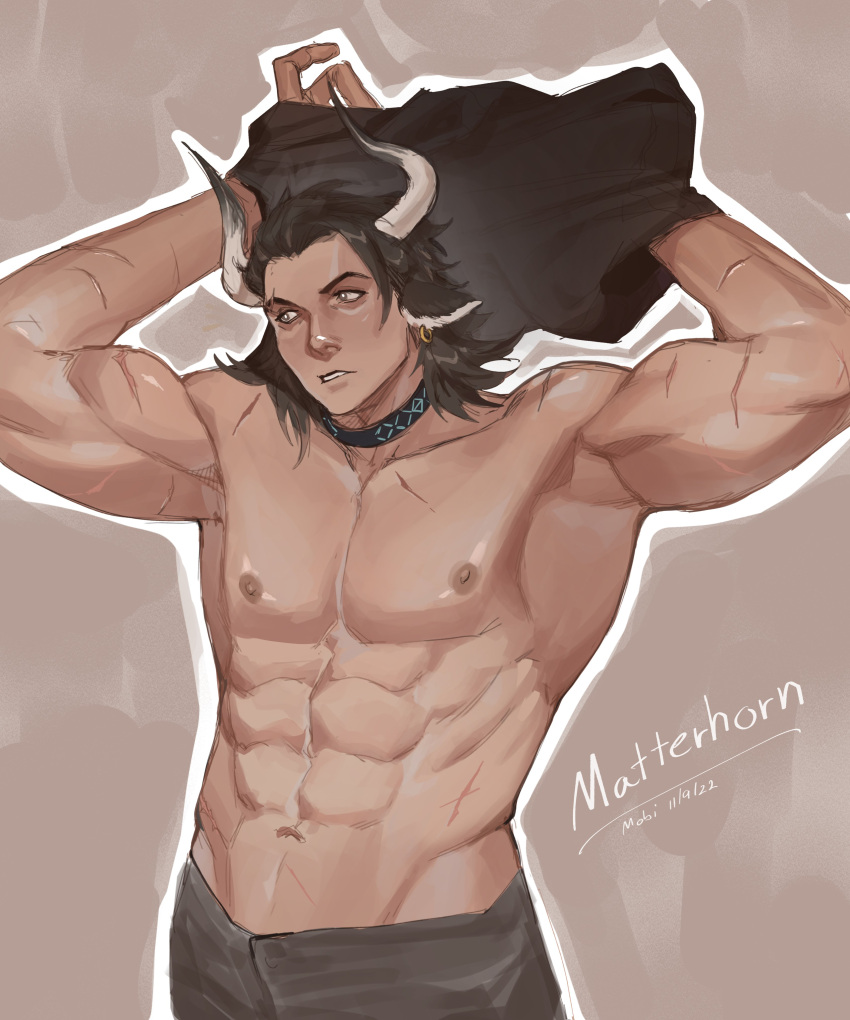 abs absurdres arknights armpits highres horns long_hair male_focus matterhorn_(arknights) mobrinono multiple_scars nipples nude pectorals scar solo topless_male undressing