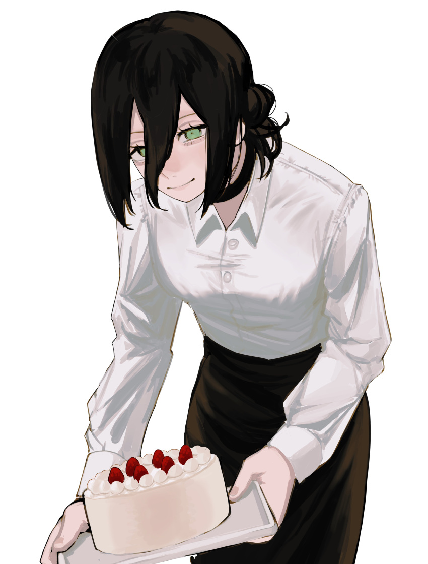 1girl absurdres bangs black_choker black_hair black_skirt cake chainsaw_man choker collared_shirt food green_eyes hair_between_eyes hair_bun highres holding holding_tray leaning_forward looking_at_viewer medium_hair reze_(chainsaw_man) shirt shirt_tucked_in simple_background single_hair_bun skirt smile solo strawberry_shortcake tray white_background white_shirt yuuwaku06