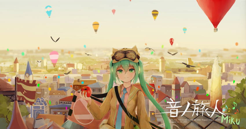 1girl absurdres aircraft apple bangs blue_eyes blue_hair blue_necktie cityscape closed_mouth collared_shirt commentary flag food fruit goggles goggles_on_head hair_between_eyes hat hatsune_miku highres holding holding_food holding_fruit hot_air_balloon looking_at_viewer megami_benka necktie outdoors shirt smile solo translated twintails vocaloid wide_shot