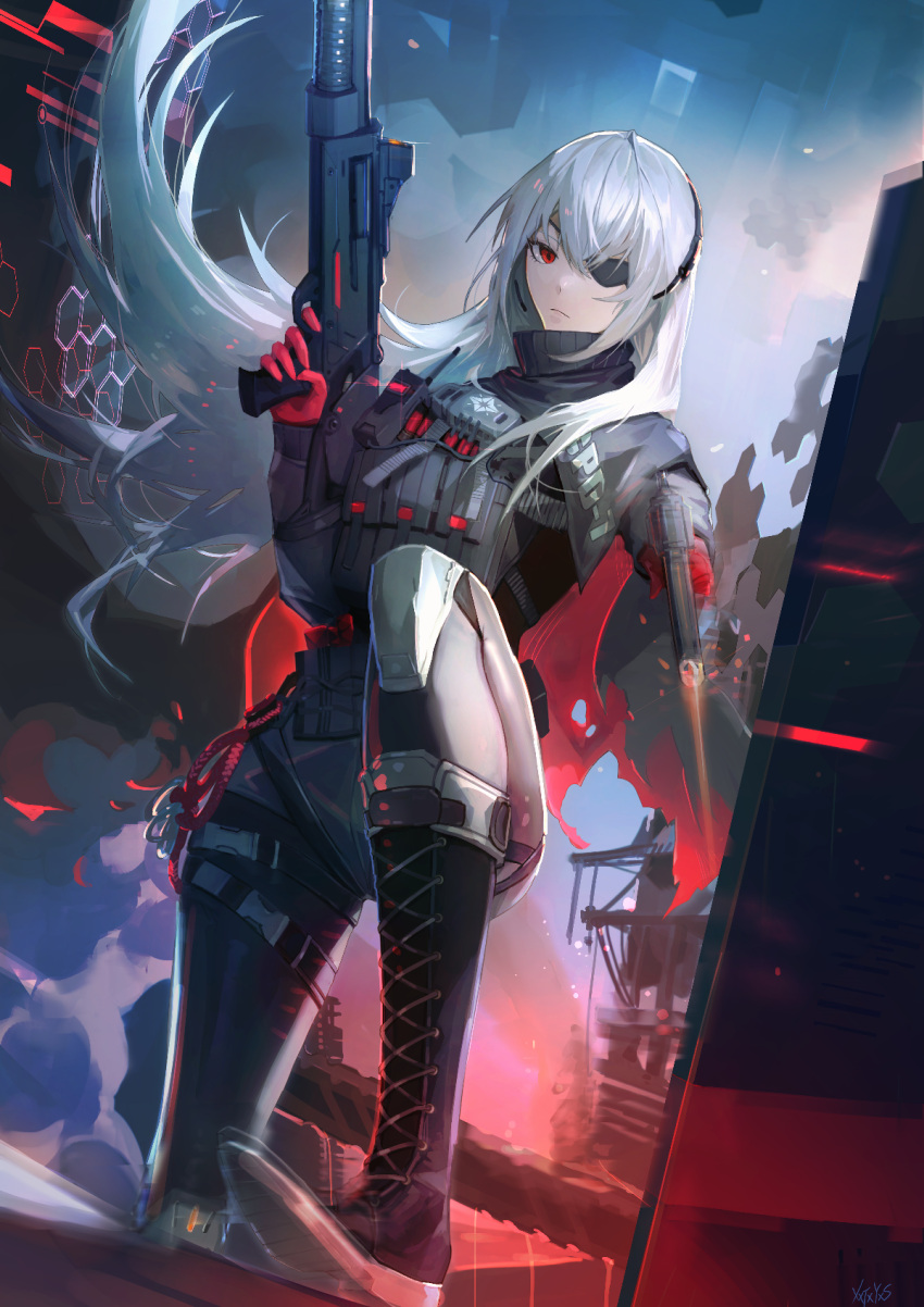 0bsessi0n 1girl bangs boots closed_mouth commentary_request evelyn_(girls'_frontline_nc) expressionless eyepatch full_body girls'_frontline_neural_cloud gloves grey_hair gun handgun highres holding holding_gun holding_weapon knee_pads long_hair looking_at_viewer red_eyes red_gloves shield shotgun solo weapon