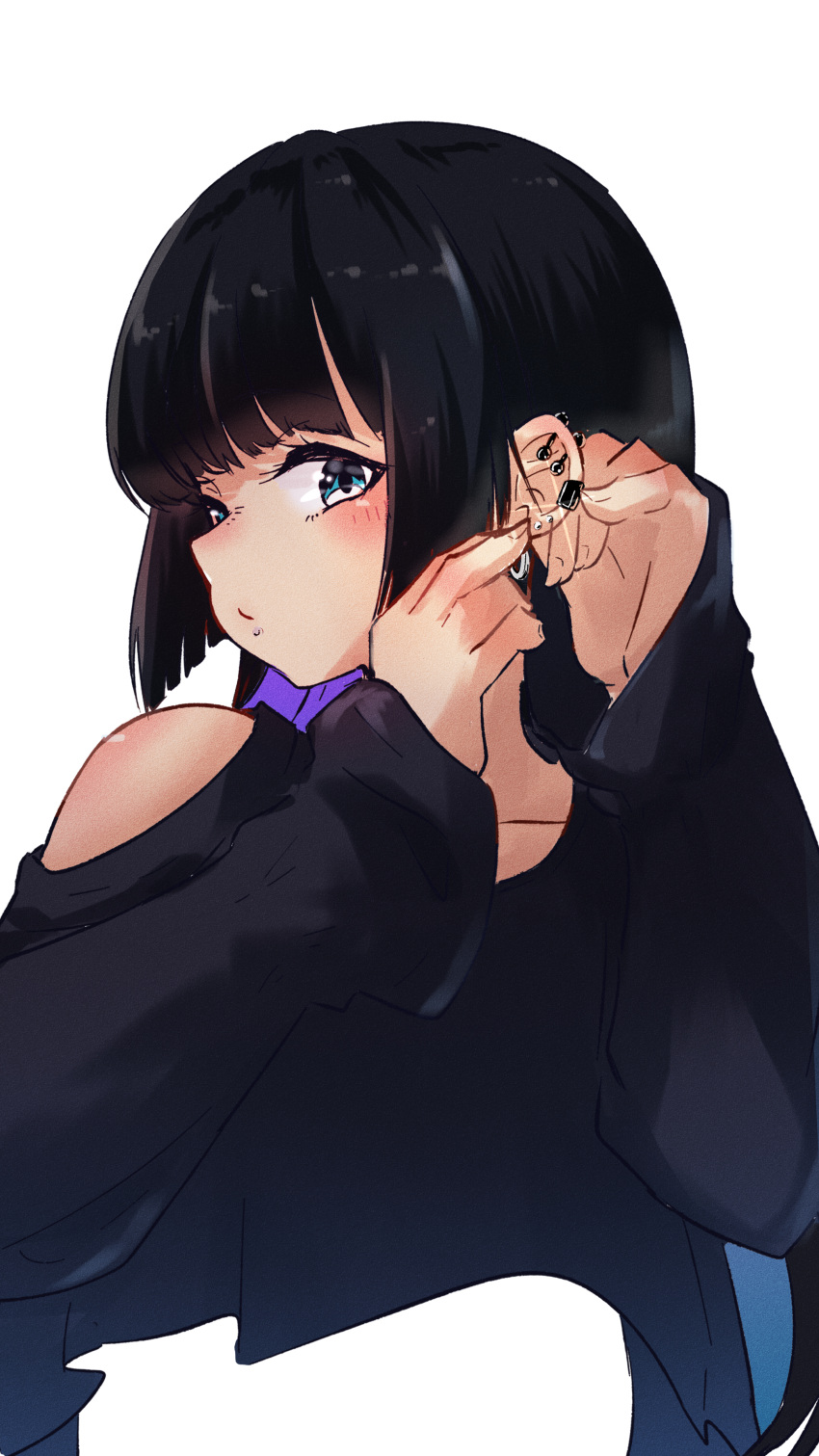 absurdres aqua_eyes bangs black_dress black_hair blunt_bangs blush bocchi_the_rock! chin_piercing clothing_cutout colored_inner_hair dress ear_piercing earrings gothic hand_on_ear highres hime_cut jewelry long_hair long_sleeves looking_to_the_side multicolored_hair pa-san piercing shoulder_cutout teru_(teru11061) white_background