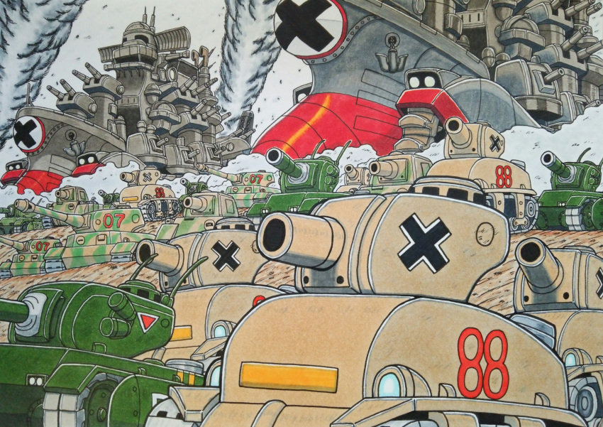 absurdres anchor army big_shiee camouflage cannon caterpillar_tracks cross di-cokka ground_vehicle highres iron_iso metal_slug military military_vehicle motor_vehicle nishigame no_humans numbered outdoors smoke tank tank_focus traditional_media vehicle_focus