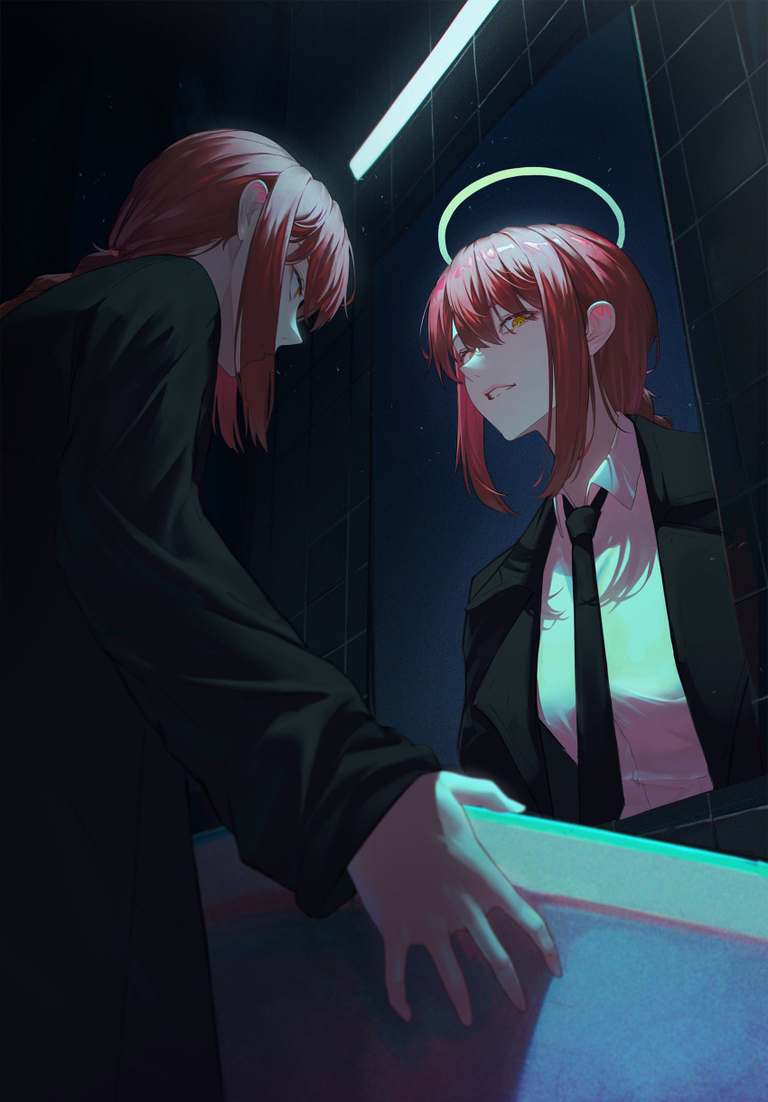 1girl absurdres bangs black_jacket black_necktie black_pants braid braided_ponytail chainsaw_man collared_shirt dark different_reflection formal halo highres jacket looking_at_another looking_at_mirror looking_at_viewer makima_(chainsaw_man) medium_hair mirror necktie pants redhead reflection shirt shirt_tucked_in sidelocks sink suit suit_jacket theemptytrip tile_wall tiles white_shirt