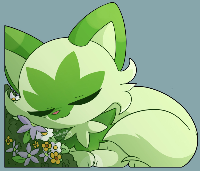 animal closed_eyes flower green_theme highres no_humans pink_nose pokemon pokemon_(game) pokemon_sv sakukittyyy simple_background sleeping sprigatito white_flower yellow_flower