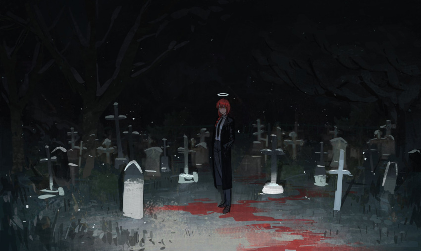 1girl bare_tree black_coat black_necktie black_pants blood_on_ground blood_trail braid braided_ponytail chainsaw_man coat collared_shirt dark formal grave graveyard halo hands_in_pockets highres kgynh looking_at_viewer makima_(chainsaw_man) medium_hair necktie night pants redhead shirt shirt_tucked_in sidelocks snowing solo standing suit tombstone tree white_shirt wide_shot