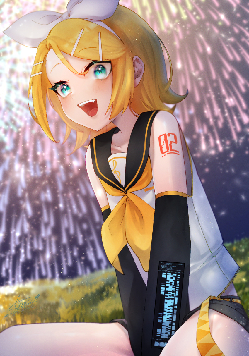 1girl arms_between_legs bangs belt blonde_hair blue_eyes blush bow cyomotaya detached_sleeves fang fireworks flipped_hair grass hair_bow hair_ornament hairband hairclip highres kagamine_rin long_hair long_sleeves looking_at_viewer midriff_peek neckerchief night night_sky open_mouth outdoors parted_bangs sailor_collar shirt shorts sitting sky sleeveless sleeveless_shirt smile solo vocaloid