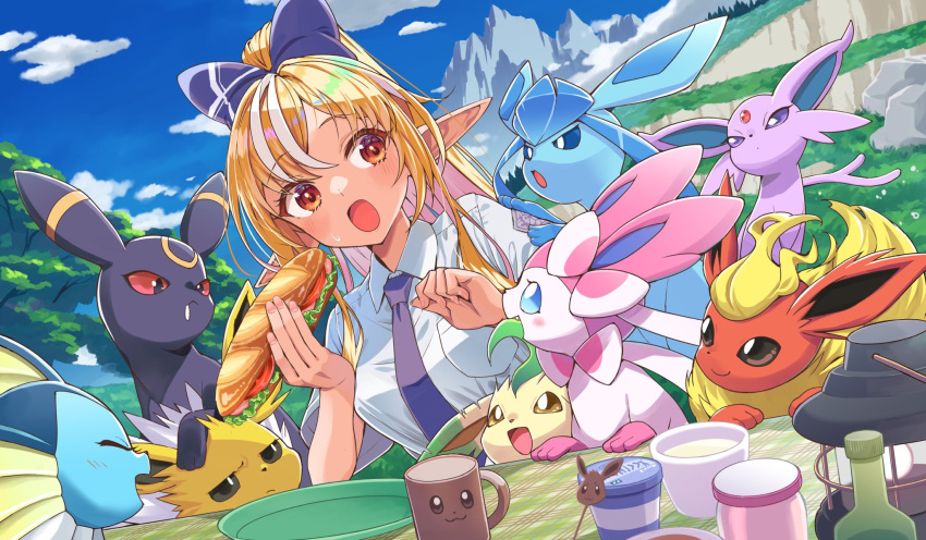 1girl bangs blonde_hair blue_necktie blush bow collared_shirt day espeon flareon food glaceon hair_bow highres holding holding_food hololive itaboon jolteon leafeon long_hair looking_at_animal multicolored_hair necktie open_mouth outdoors pokemon pokemon_(creature) ponytail red_eyes sandwiched shiranui_flare shirt short_sleeves streaked_hair sylveon umbreon vaporeon virtual_youtuber white_hair white_shirt