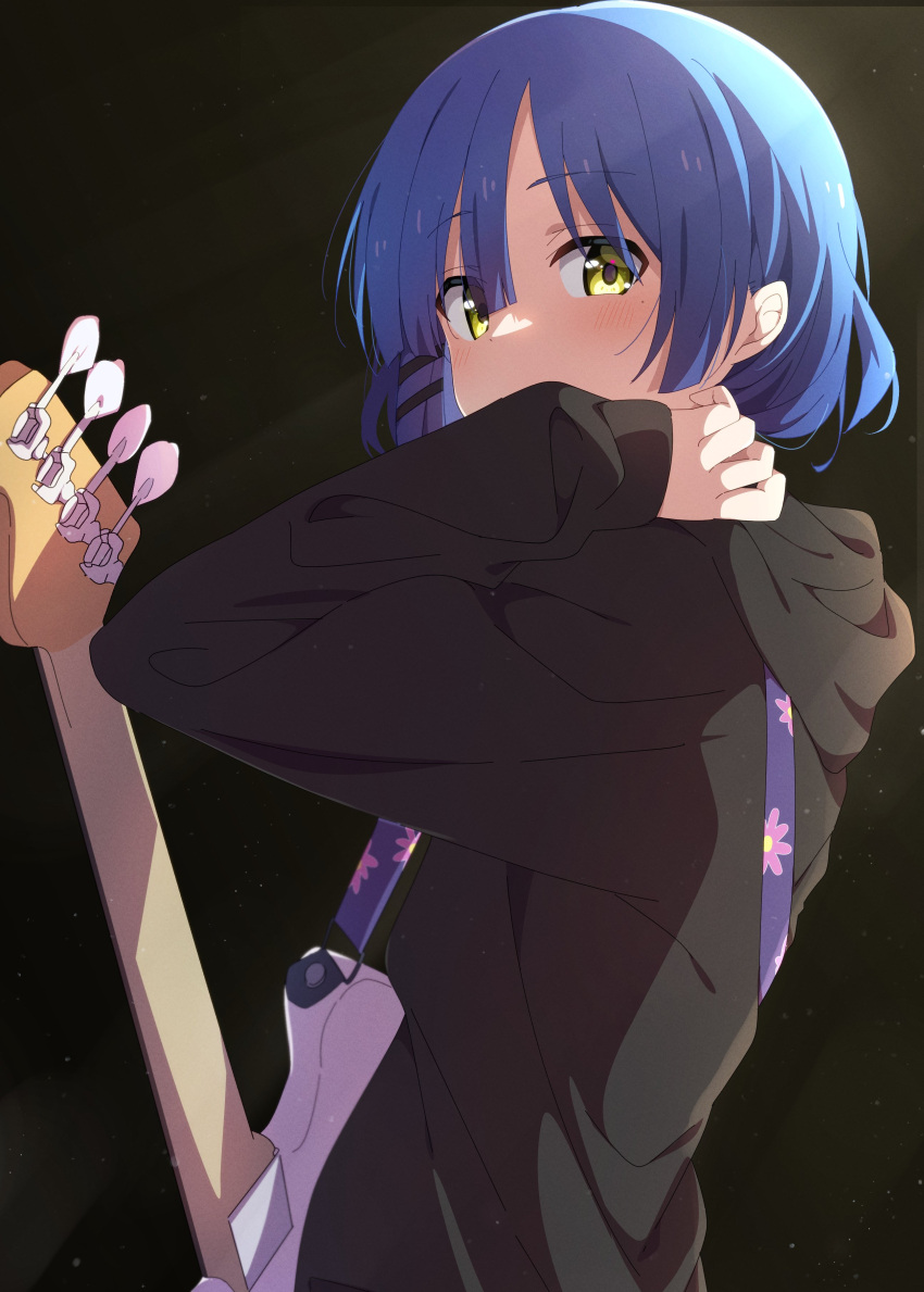 1girl absurdres bangs bass_guitar black_hoodie blue_hair blush bocchi_the_rock! fender_precision_bass from_behind hand_up highres hood hood_down hoodie instrument long_sleeves looking_at_viewer looking_back mole mole_under_eye reikakrzk shiny shiny_hair short_hair solo upper_body yamada_ryou yellow_eyes