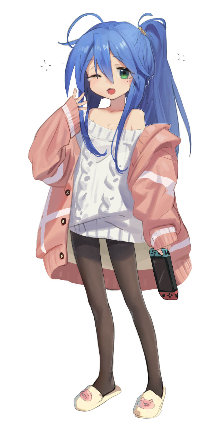 1girl absurdres ahoge bare_shoulders blue_hair blush cardigan dress full_body green_eyes handheld_game_console high_ponytail highres holding holding_handheld_game_console izumi_konata long_hair looking_at_viewer lucky_star mole mole_under_eye nintendo_switch off-shoulder_sweater off_shoulder one_eye_closed open_cardigan open_clothes open_mouth pantyhose rang_go sidelocks simple_background sleeves_past_wrists slippers solo sweater sweater_dress tearing_up white_background white_sweater yawning