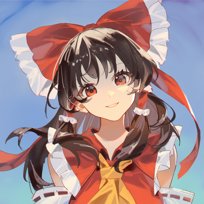 1girl ascot blue_background bow brown_hair c88 commentary detached_sleeves frilled_bow frilled_hair_tubes frills hair_bow hair_tubes hakurei_reimu head_tilt highres long_hair looking_at_viewer parted_lips portrait red_bow red_eyes red_vest ribbon-trimmed_sleeves ribbon_trim sidelocks simple_background smile solo touhou vest white_sleeves yellow_ascot