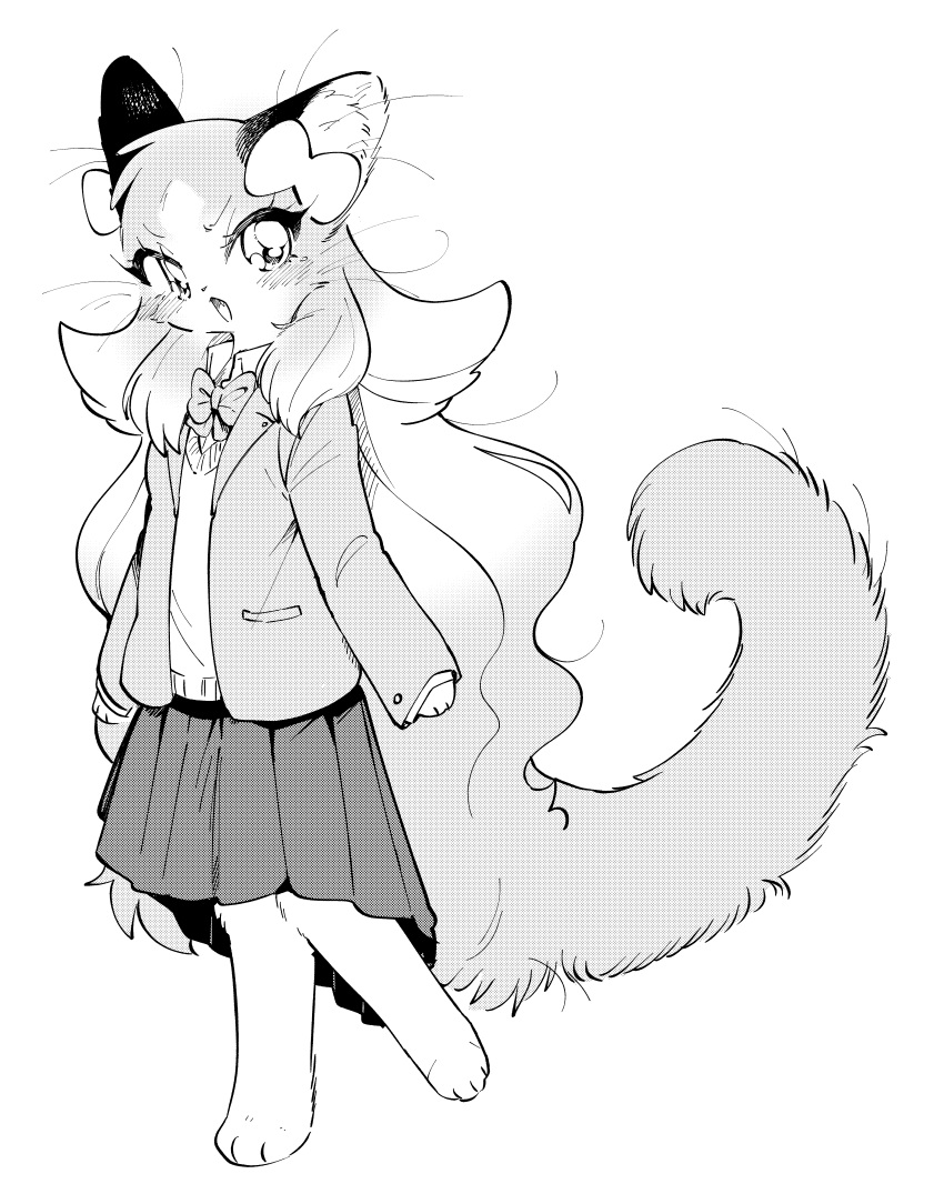 1girl :&lt; absurdres animal_ear_fluff animal_ears animal_feet animal_nose arms_at_sides barefoot blush body_fur bow bowtie cat_ears cat_girl cat_tail cocri collared_shirt commentary_request fang full_body furry furry_female gradient_hair greyscale hair_bow halftone highres jacket long_hair long_sleeves looking_at_viewer messy_hair miniskirt monochrome multicolored_hair open_clothes open_jacket open_mouth original pleated_skirt school_uniform shirt simple_background skirt sleeves_past_wrists solo standing sweater tail v-shaped_eyebrows very_long_hair whiskers white_background