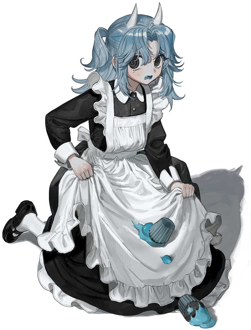 1girl @_@ apron bangs black_eyes blue_hair blue_tongue blush collared_dress colored_tongue commentary crying cupcake demon_girl demon_horns dress fang food frilled_apron frilled_dress frills frost_fog highres horns icing kneeling long_hair long_sleeves maid open_mouth original parted_bangs ringed_eyes skirt_hold socks solo sweat symbol-only_commentary tears two_side_up white_background