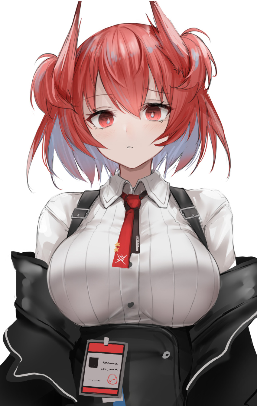 1girl arknights black_coat breasts bright_pupils coat fiammetta_(arknights) highres large_breasts necktie off_shoulder red_eyes redhead ribbed_shirt shirt sthk white_background white_pupils