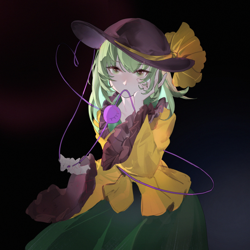 absurdres black_headwear blouse blush bow c88 commentary frilled_shirt_collar frilled_sleeves frills green_eyes green_hair green_skirt hair_between_eyes hand_in_own_hair hand_on_own_cheek hand_on_own_face hand_up hat hat_bow heart heart_of_string highres komeiji_koishi long_hair long_sleeves looking_at_viewer mouth_hold shirt skirt third_eye touhou wide_sleeves yellow_bow yellow_shirt