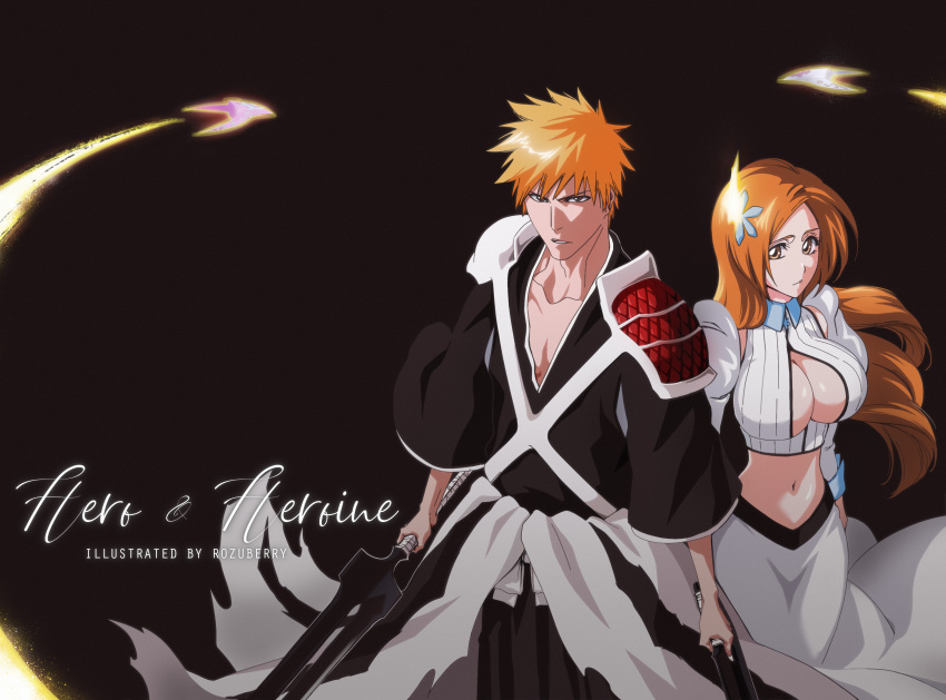 1boy 1girl absurdres bleach bleach:_the_thousand-year_blood_war breasts brown_eyes cleavage cleavage_cutout closed_mouth crop_top dual_wielding feet_out_of_frame highres holding holding_sword holding_weapon inoue_orihime juliet_sleeves kurosaki_ichigo large_breasts long_hair long_sleeves looking_at_viewer midriff navel orange_hair parted_lips puffy_sleeves rozuberry short_hair skirt slender_waist spiky_hair standing sword weapon white_skirt wide_sleeves
